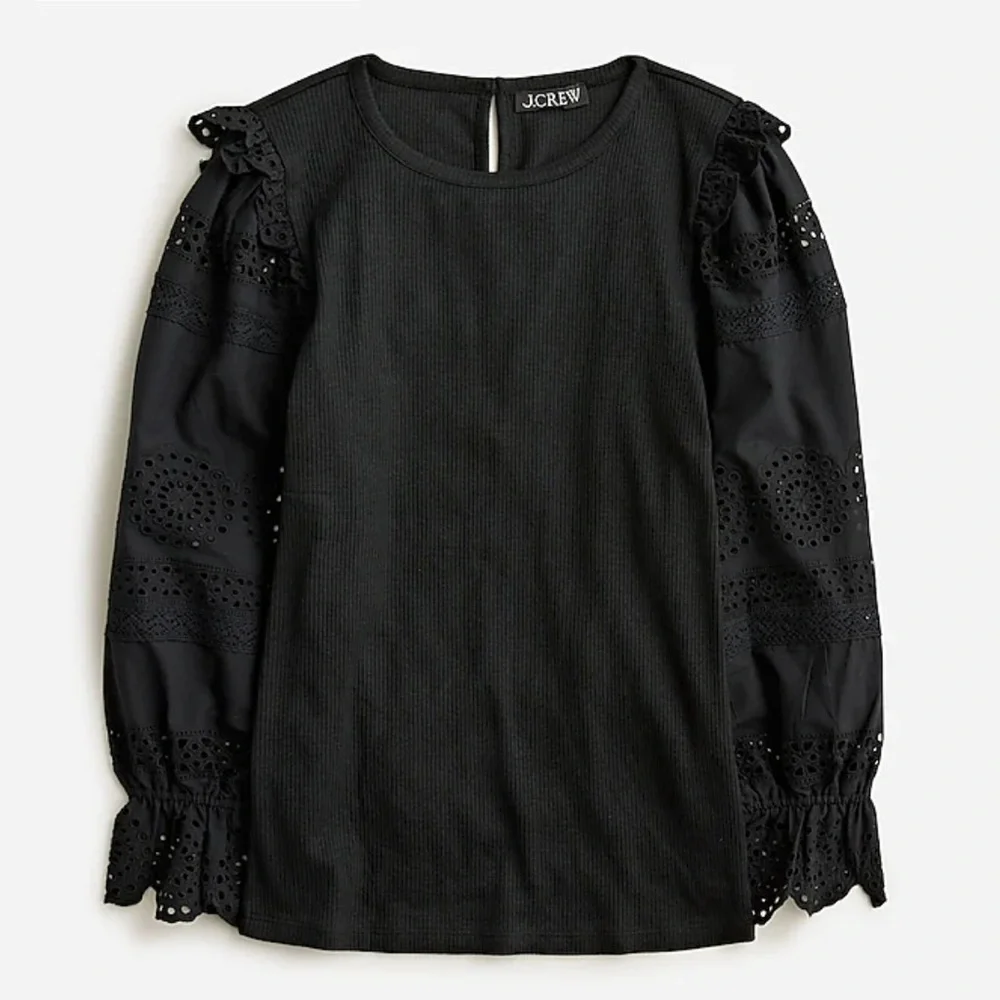 J. Crew Ruffle-trim eyelet top in vintage rib lace black L 12 14